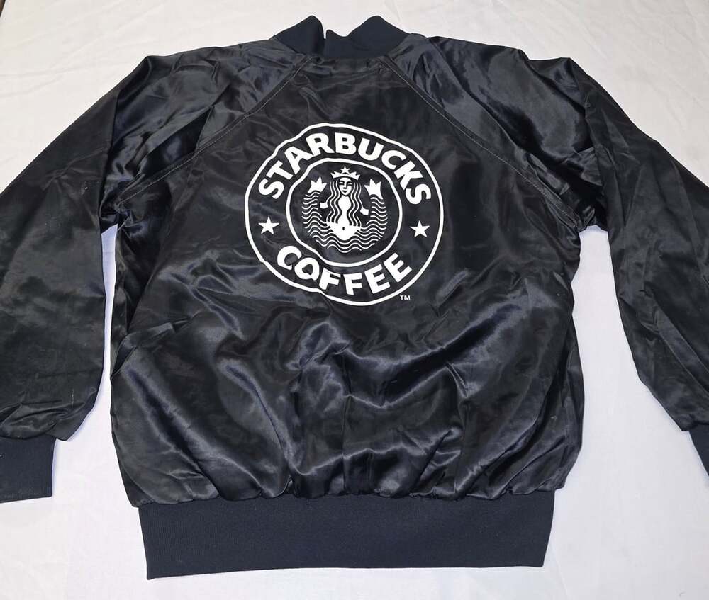Vintage 90s Starbucks Coffee Black Satin Bomber Jacket Size Medium distressed